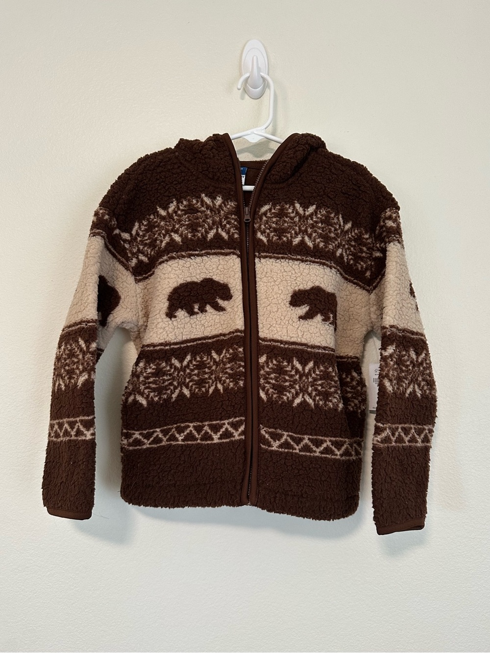 NWT Old Navy Kids' Brown & Cream Sherpa Bear Pattern Zip-Up Hoodie
